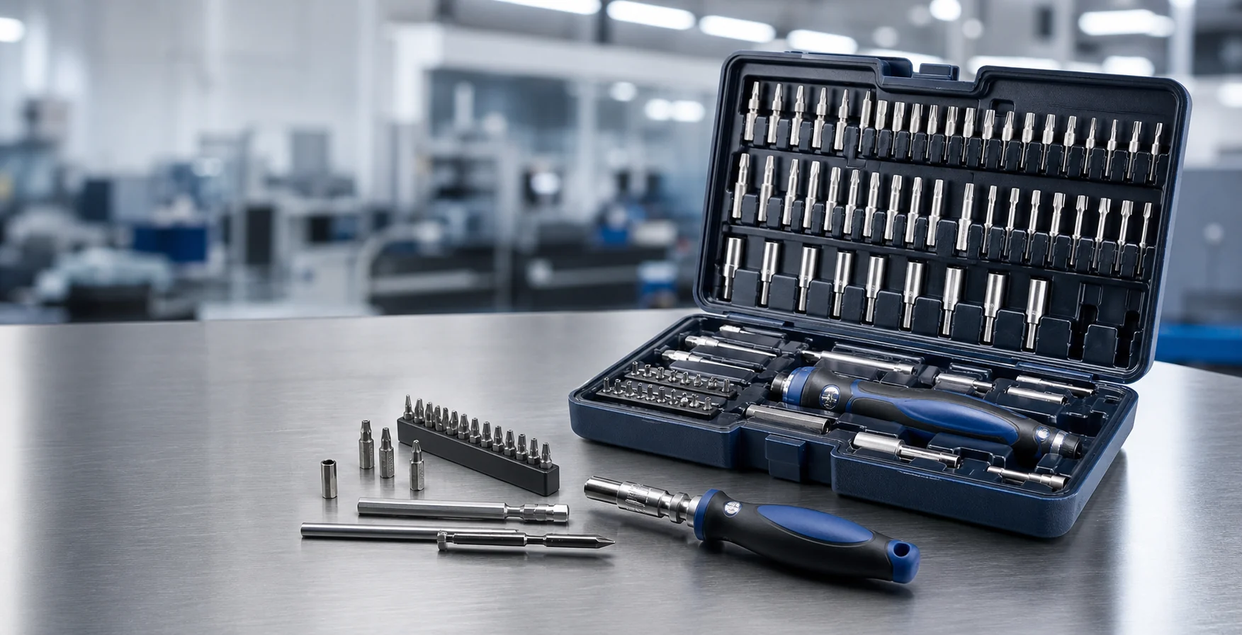 Household screwdriver tool kit on an industrial inspection bench