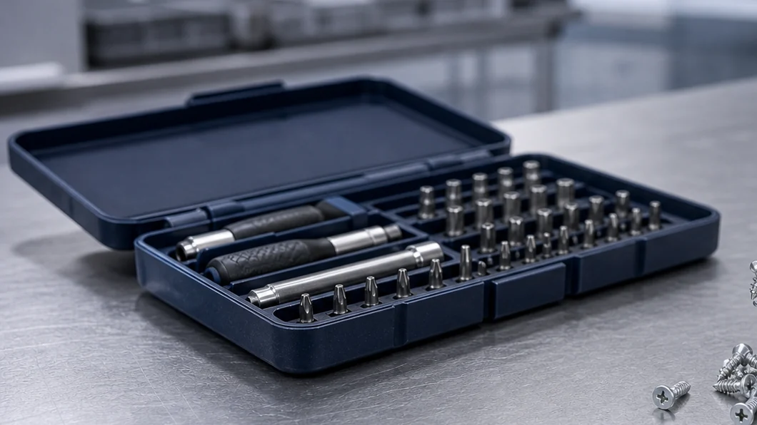 Magnetic screwdriver bit kit and screws on an inspection bench