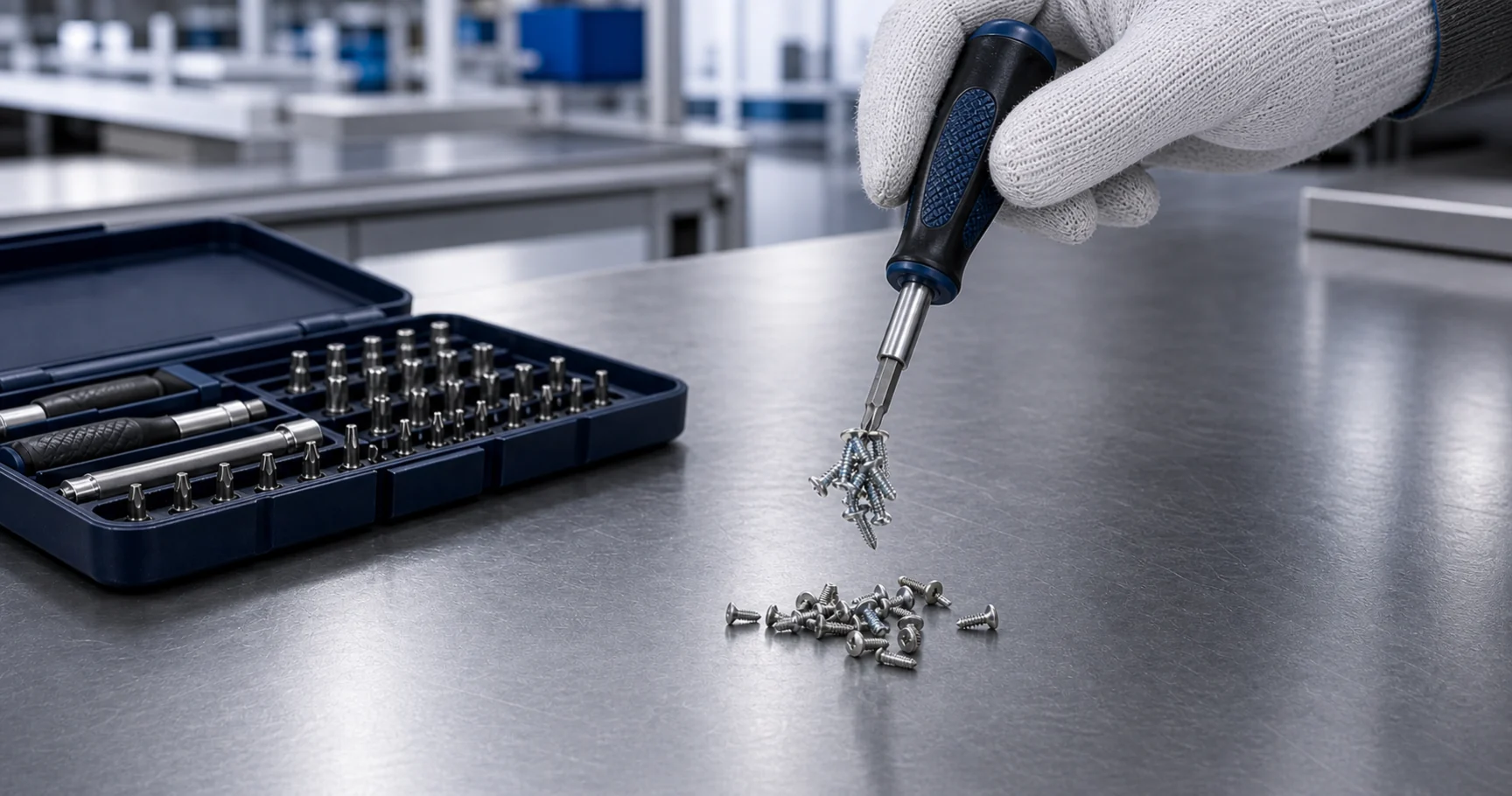 Close magnetic screwdriver bit lifting screws beside a complete screw pile on a clean inspection bench