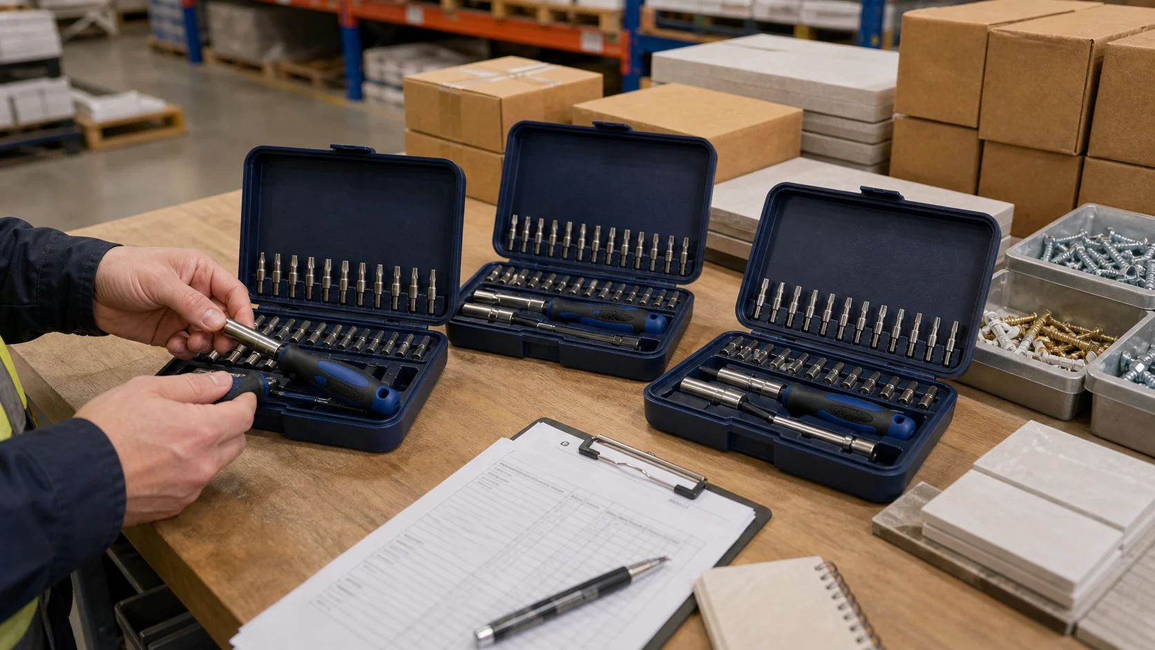 Building materials procurement desk with multiple screwdriver tool sets
