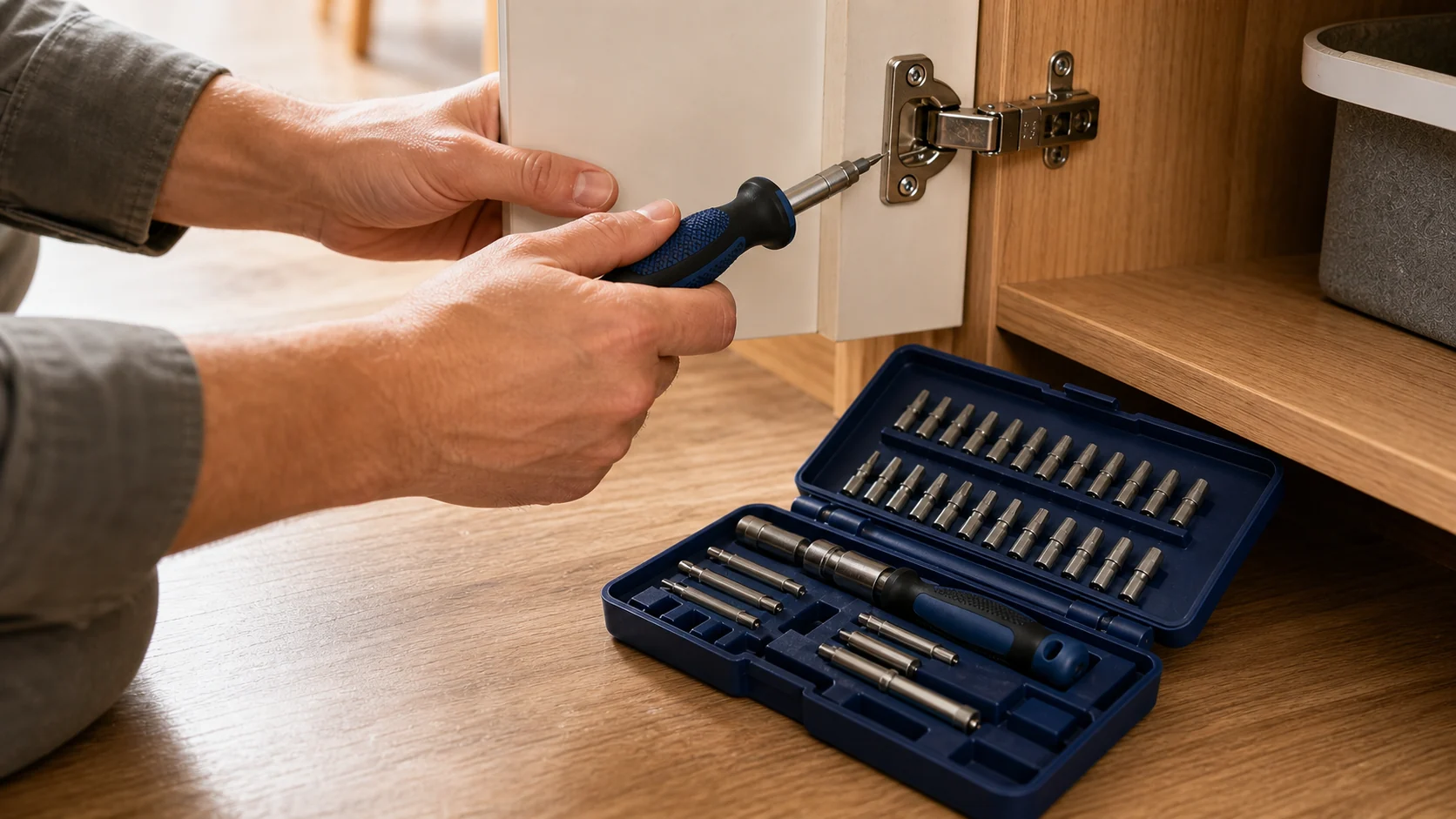 Household cabinet hinge repair using a screwdriver bit set