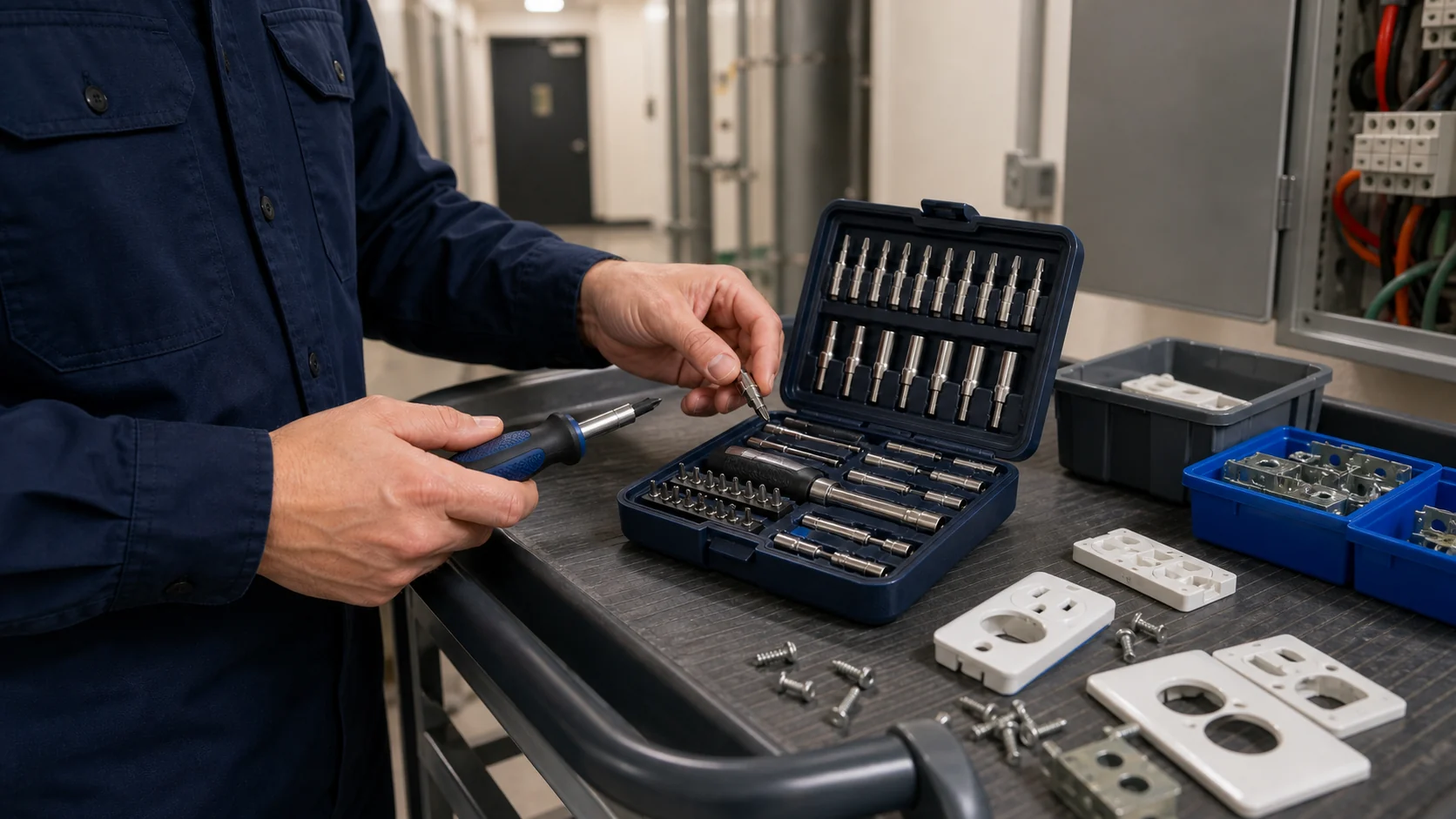 Property maintenance worker selecting a screwdriver bit from a tool kit